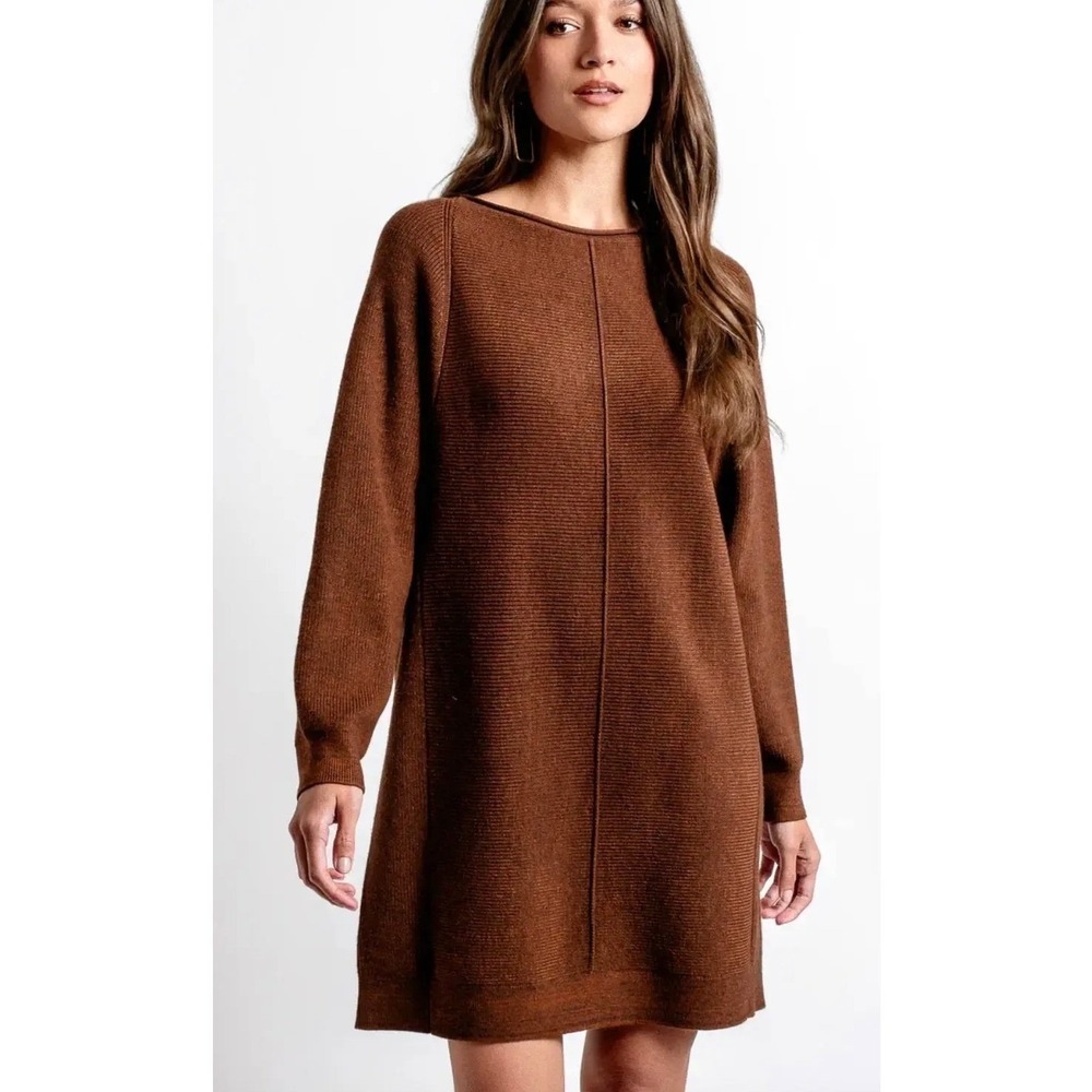 Kerisma Asima Wool Oversized Sweater Dress Women S/M Brown Ribbed Knit Cozy Chic